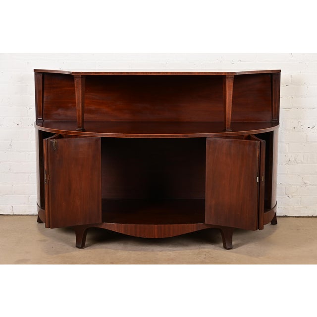 1940s Baker Furniture Georgian Inlaid Flame Mahogany Demilune Sideboard Buffet or Bar Cabinet, Circa 1940s For Sale - Image 5 of 15