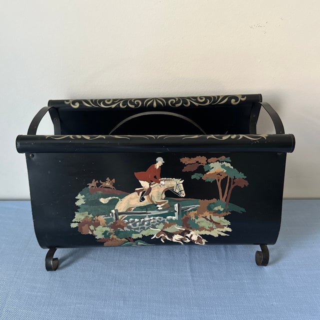Late 20th Century Hand Painted Tole Equestrian Horse Magazine Rack Black Metal Vintage For Sale - Image 12 of 12