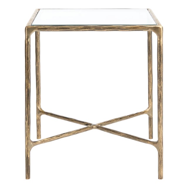 Jessa Metal Square End Table in Brass with Glass Top For Sale
