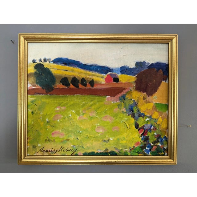 FRESH FIELDS Size: 9.5 x 11.4 inches (including frame) Oil on Board A lively mid-century post-impressionist landscape...