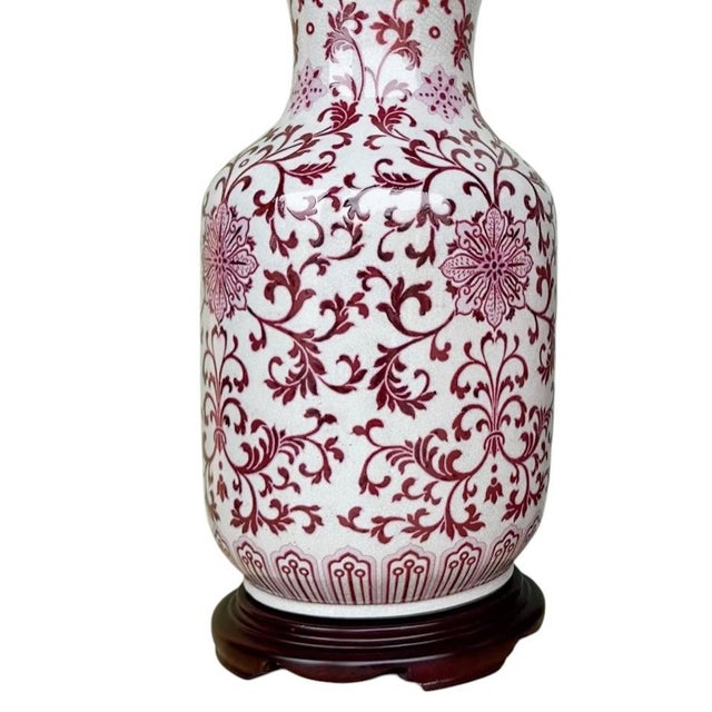 Wood Mid 20th Century Chinoiserie Ginger Jar Table Lamp Rose Floral Scroll Wood Base For Sale - Image 7 of 7