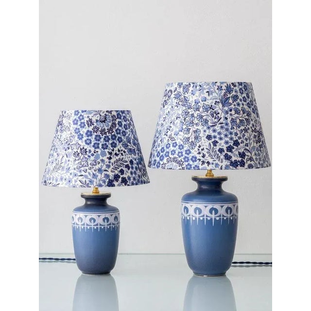 Vintage Blue and White Ceramic Table Lamp with New Liberty London Lampshade For Sale - Image 11 of 12
