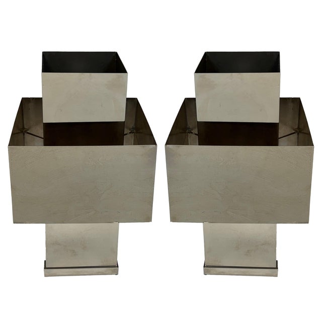 Pair of Polished Chrome Cubist Table Lamps, After Willy Rizzo, Italy, 20th Century This pair of polished chrome Cubist...