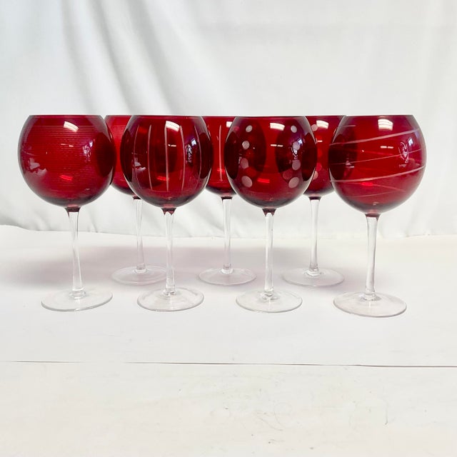Mikasa Vintage Art Deco Hollywood Regency Ruby Cheers Balloon Wine Glasses - Set of 7. For Sale - Image 4 of 10