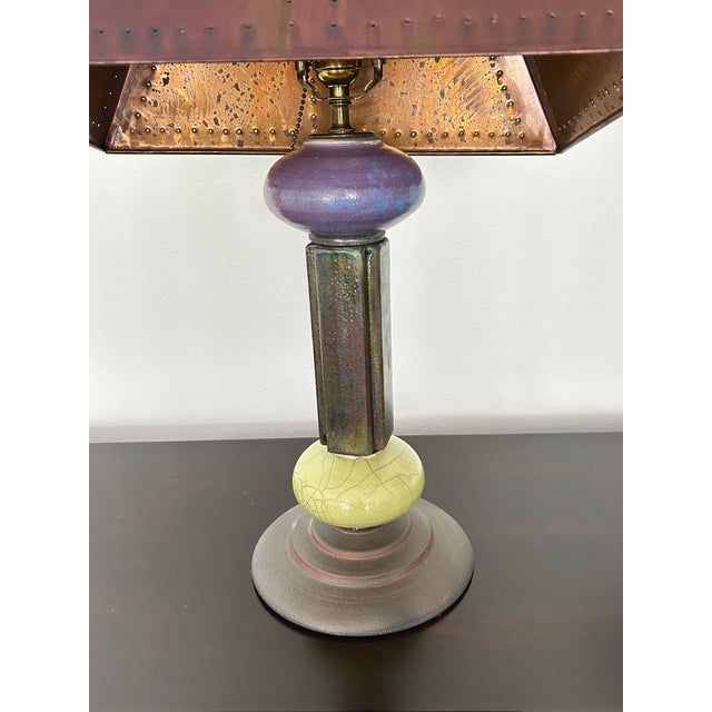 Metal Andrew Wender Studio Pottery Raku Totem Lamps With Custom Copper Shades, Signed - A Pair For Sale - Image 7 of 18