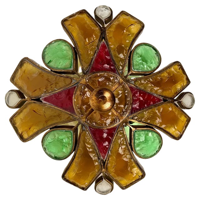 Gold Iron and Colored Glass Sconce Wall Lamp from Longobard, 1970s For Sale