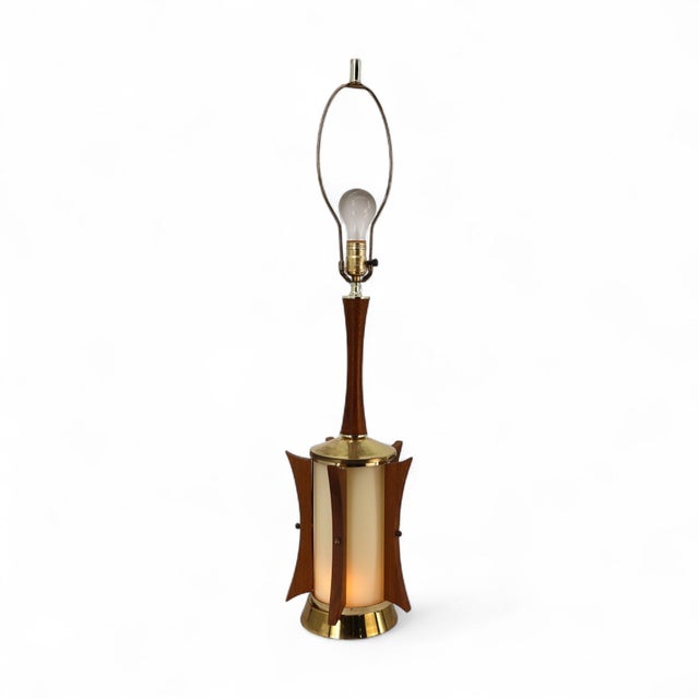 1960s Vintage Mid Century Modern Atomic Style Brass and Walnut Fins Table Lamp, C. 1960s For Sale - Image 5 of 6