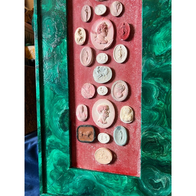 19th Century Italian Grand Tour Intaglio Collection With Painted Faux Malachite Frame For Sale - Image 4 of 12