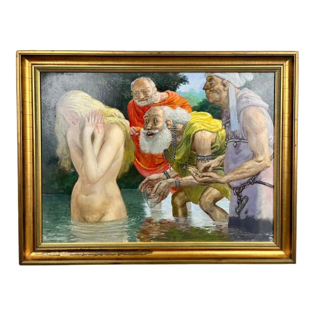 Mythological or Allegorical Scene W Bathing Female Figure Oil on Canvas, Framed 1980's For Sale