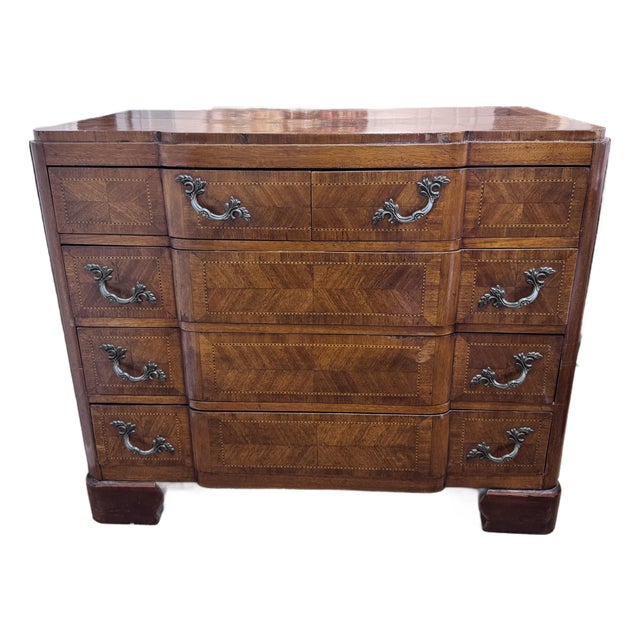 French Provincial Serpentine Walnut Commode, C. 1880–1910 — Herringbone Veneer & Ebony Stringing For Sale