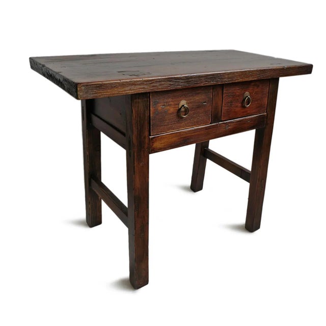 Vintage farm console table with two drawers. Beautiful dark espresso stained finish. Vintage style with signs of age and...