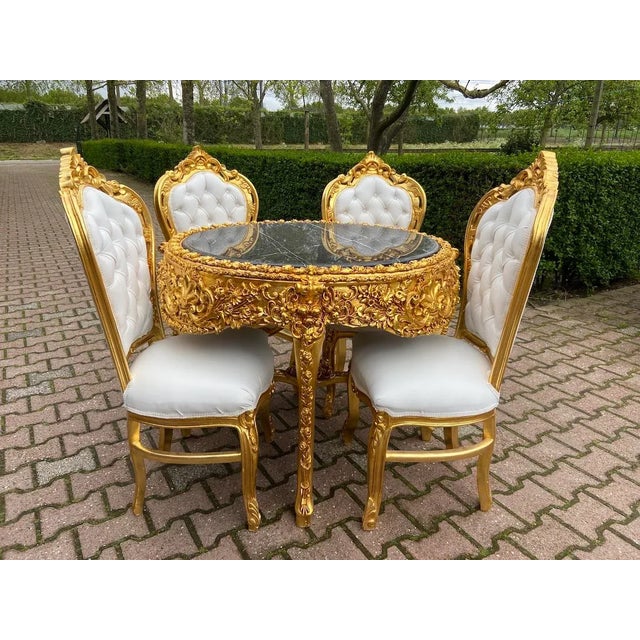 1970s Italian Baroque Gold Leaf Marble White Leather Dining Set – 5pcs For Sale - Image 4 of 18