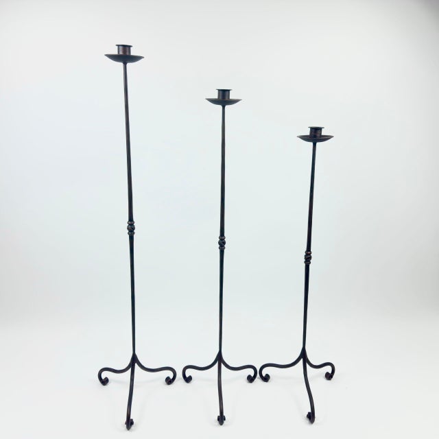 Hand Forged Iron Candelabra Set of 3 (91-111cm) Antique Copper Finish Straight Stem with Classic Scroll Feet For Sale - Image 6 of 6