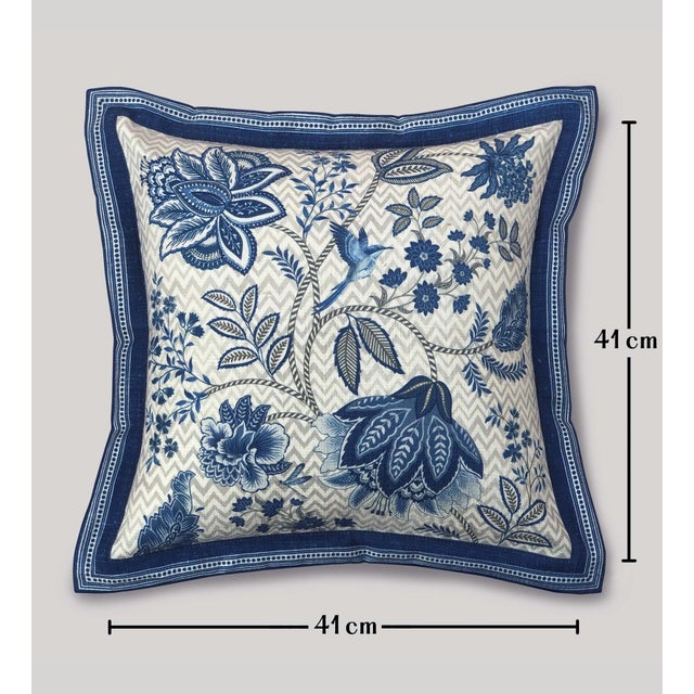 Blue Floral Pillow Cover Jacobean Design Traditional Cushion Navy Accent Bedroom Decorative Case Cotton Washable Zipper Square Throw White For Sale - Image 4 of 4