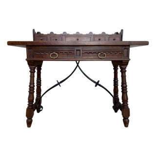 Catalan Spanish Lady Desk or Console Table in Carved Walnut and Iron Stretcher For Sale