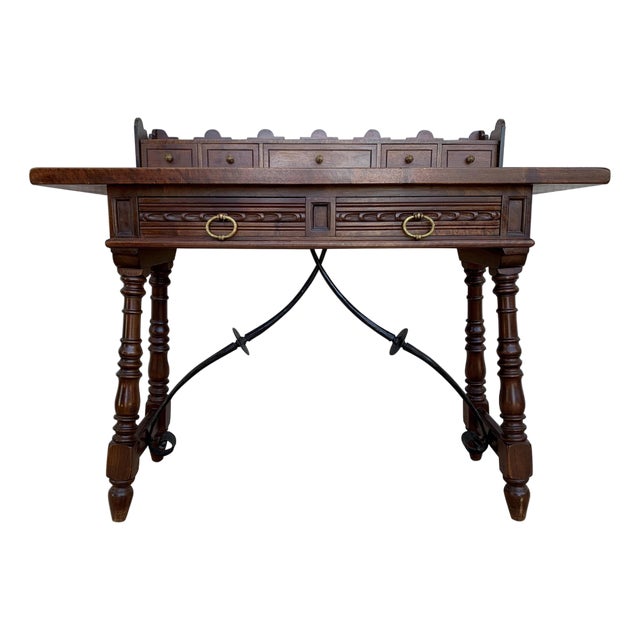 Catalan Spanish Lady Desk or Console Table in Carved Walnut and Iron Stretcher For Sale
