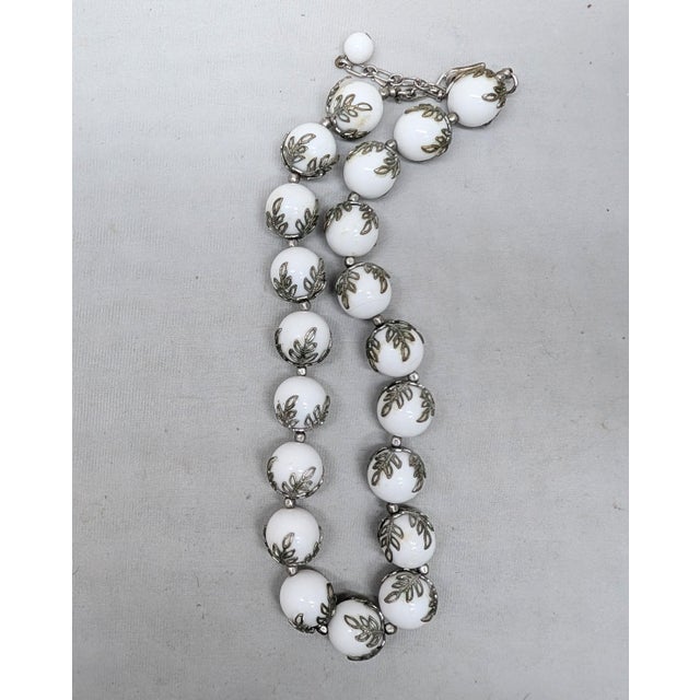 Vintage 1950s Signed Crown Trifari Silvertone White Beaded Filigree Necklace For Sale - Image 10 of 10
