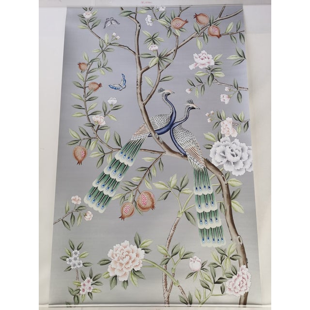 Chinoiserie Hand-Painted Chinoiserie Peacock Wall Panel – Luxury Botanical Bird & Floral Art, Statement Wall Decor, Unframed 30x48” For Sale - Image 3 of 6