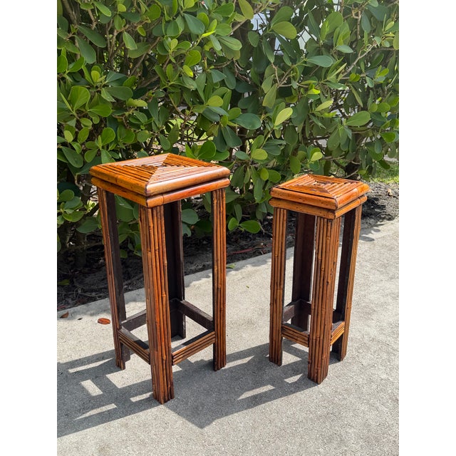 Late 20th Century Vintage Graduated Bamboo & Rattan Pedestal Plant Stands, Pair For Sale - Image 5 of 10