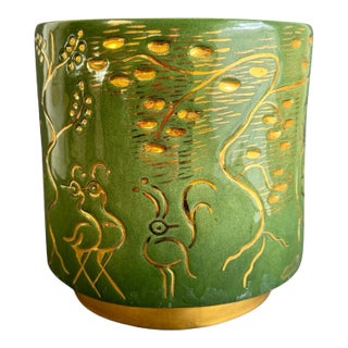 Hedi Schoop California Pottery Planter Mid Century Green & Gold Flower Pot Asian Motif Cachepot For Sale