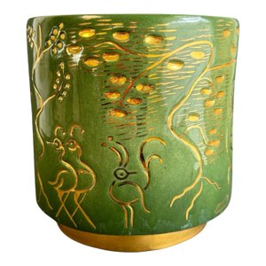 Hedi Schoop California Pottery Planter Mid Century Green & Gold Flower Pot Asian Motif Cachepot