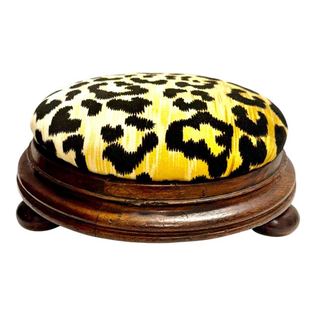 19th Century English Footstool With Clarence House Leopard Velvet For Sale