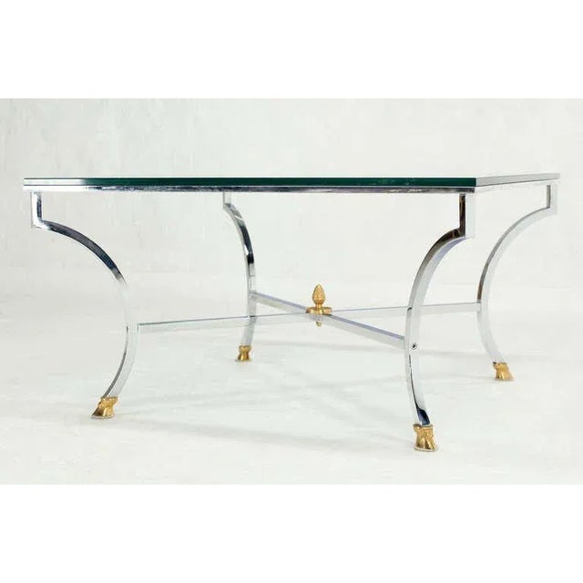 Mid-Century Modern Hoof Brass Feet Chrome and 3/4" Glass Square Coffee Table For Sale - Image 9 of 11