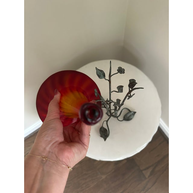 Art Nouveau Vintage 1930s Morano Glass and Wrought Iron Trumpet Vase Attributed to Umberto Bellotto For Sale - Image 3 of 4