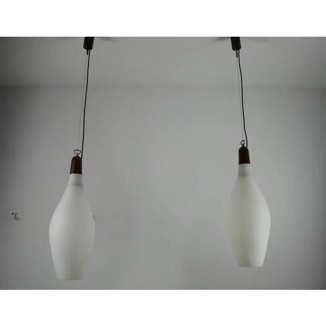 1960s Mid-Century Modern Italian Pendant Lamps in Teak and Opal Glass, 1960s, Set of 2 For Sale - Image 5 of 14