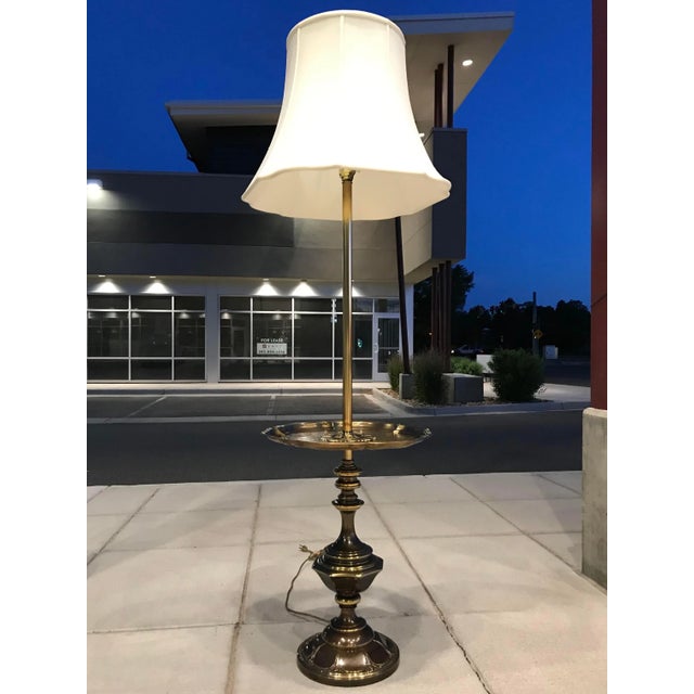 Mid-Century Modern Solid Brass Etched Tray Table Floor Lamp & Silk Shade From the Stiffel Company - a Pair For Sale - Image 3 of 13
