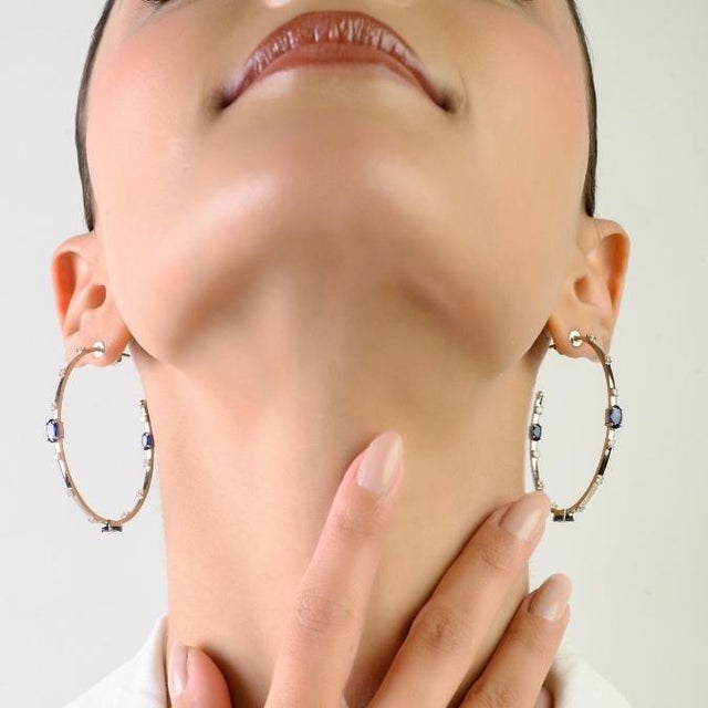 Mid-Century Modern Classic European Inside Out Blue Sapphire Diamond 14k Gold Vintage Hoop Earrings For Sale - Image 3 of 15