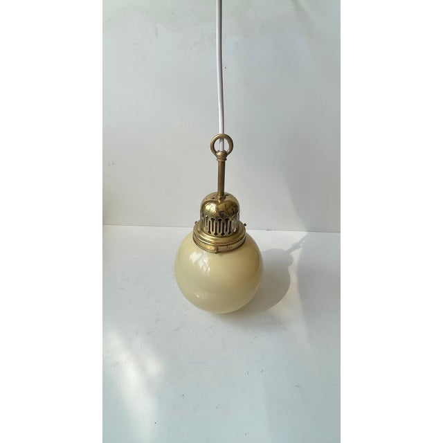 Bauhaus Yellow Opaline Glass and Brass Pendant Lamp, 1930s For Sale - Image 6 of 9