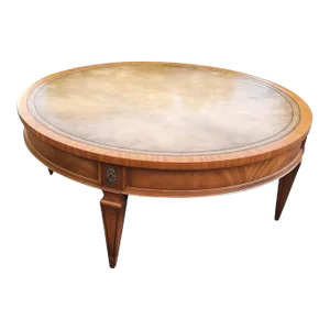 Mid Century Modern Mahogany With Stenciled Leather Top Round Coffee Table