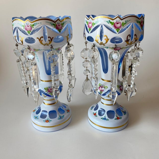 Antique Moser Glass Lusters: Bohemian Glass, White Cut-to-Blue, Hand-Painted For Sale - Image 4 of 13