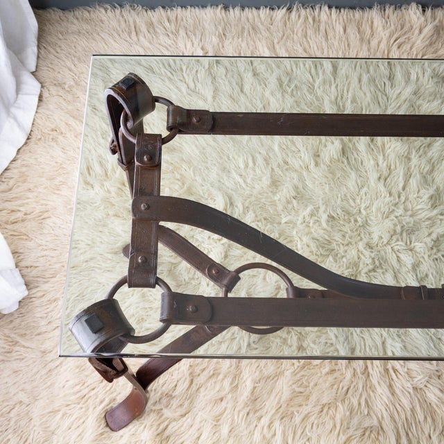 Jacques Adnet Hermes Style Iron Leather Bridle Strap Equestrian Console Table For Sale - Image 12 of 18