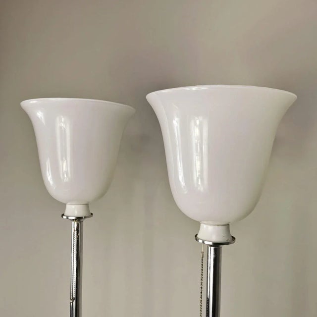 Vintage Chromed-Plated Floor Lamps with Marble Bases and White Glass Diffusers in the style of Venini, 1970s, Set of 2 For Sale - Image 6 of 8