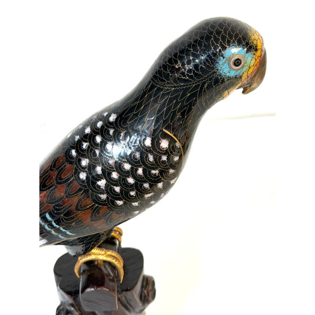 Chinese Cloisonné Parrot on Carved Hardwood Tree Trunk Base Chinese, Circa 1960 For Sale - Image 12 of 13
