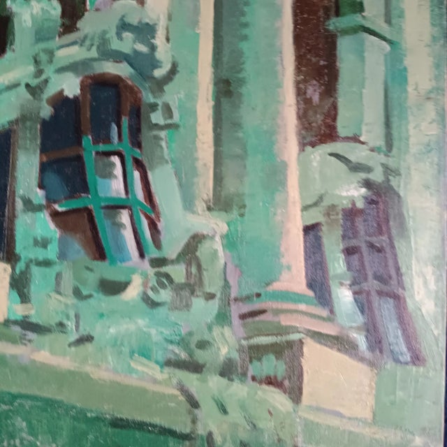 1980s “Nocturne of the New York Yacht Club” Vintage Architectural Cityscape Original Oil Painting by David Beynon Pena For Sale - Image 5 of 9