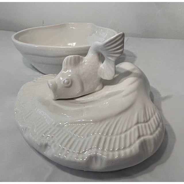 Mid 20th Century Vintage White Seashell Ceramic Dish With Koi Fish Handled Lid For Sale - Image 5 of 8