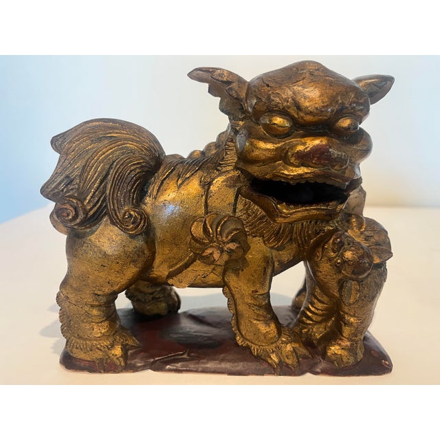 Chinese Pair Late 19th Century Chinese Carved Giltwood Male & Female Guardian Foo Dogs With Cub Attached to Female For Sale - Image 3 of 12