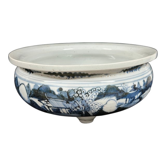 Late 20th Century Chinese Art Porcelain Blue and White Incense Burner With Mountain Scenery Design For Sale