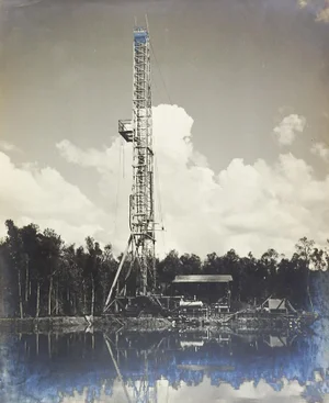 Mid Century Black & White Photograph of Oil Well Drilling Rig
