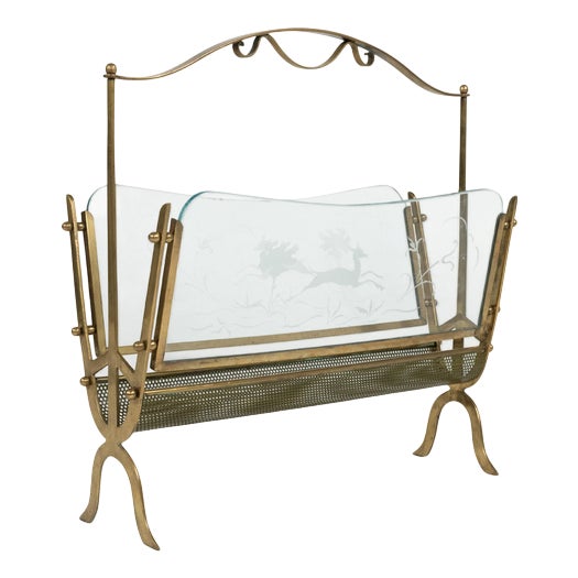 Mid-Century Modern Brass and Glass Magazine Rack from Fontana Arte, Italy, 1950s For Sale