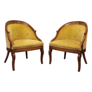 Vintage Neoclassical Gold Stripped Mahogany Barrel Club Chairs - A Pair For Sale