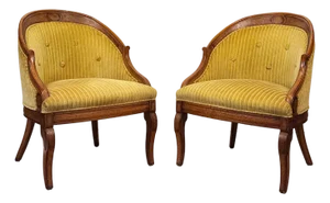 Vintage Neoclassical Gold Stripped Mahogany Barrel Club Chairs - A Pair