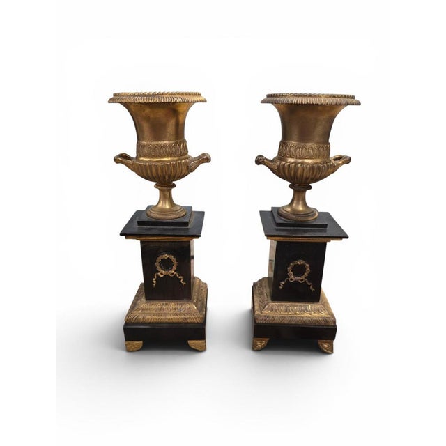 Elegant pair of 19th-century decorative vases crafted in gilt and patinated bronze, reflecting the refined craftsmanship...