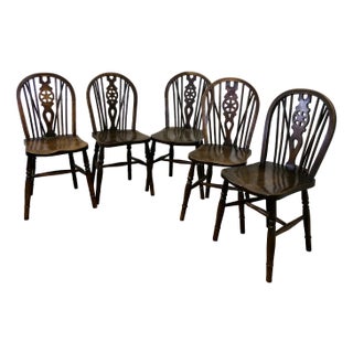 Victorian Beech & Elm Wheel Back Windsor Kitchen Dining Chairs, Set of 5 For Sale