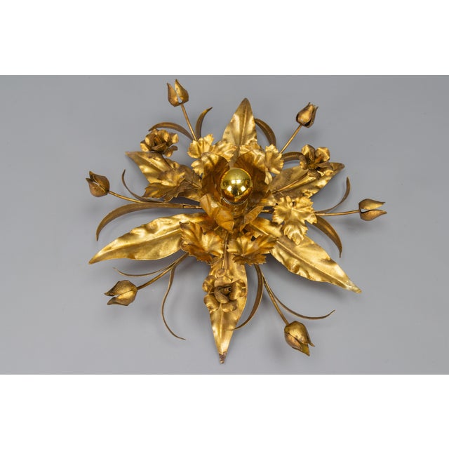 Hollywood Regency Gilt Metal Flower Shaped Flush Mount, 1970s For Sale - Image 3 of 16