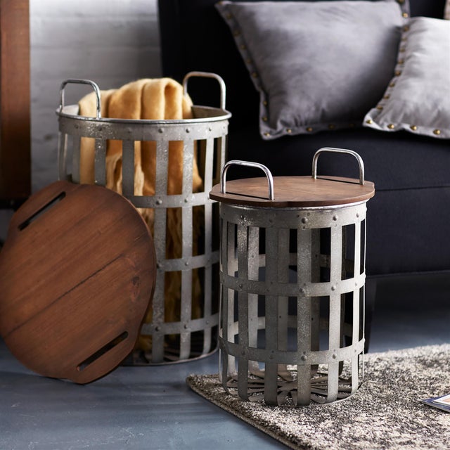 Kenneth Ludwig Chicago Metal and Wood Side Basket Tables (Set of 2) For Sale - Image 4 of 6