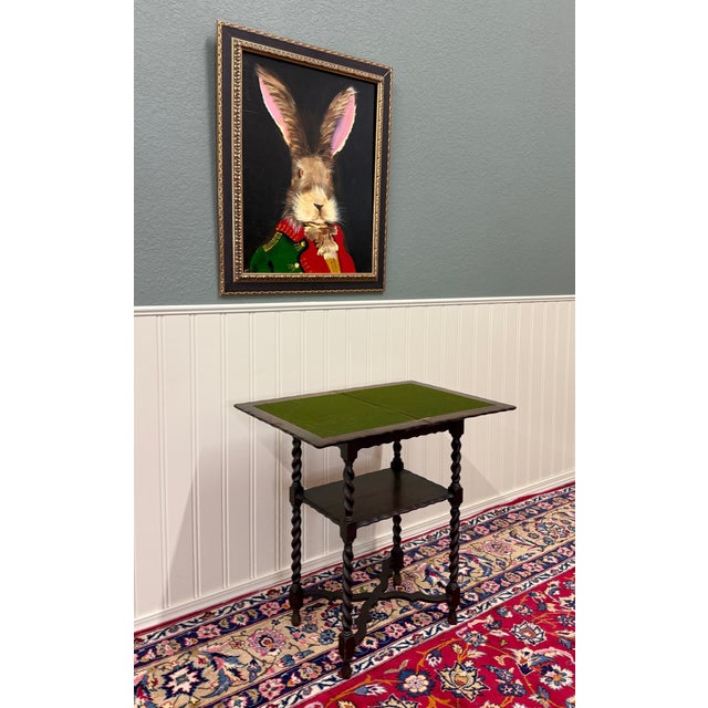 Antique English Flip Top Game Table Barley Twist Side Table Carved Oak C. 1930s For Sale - Image 9 of 17